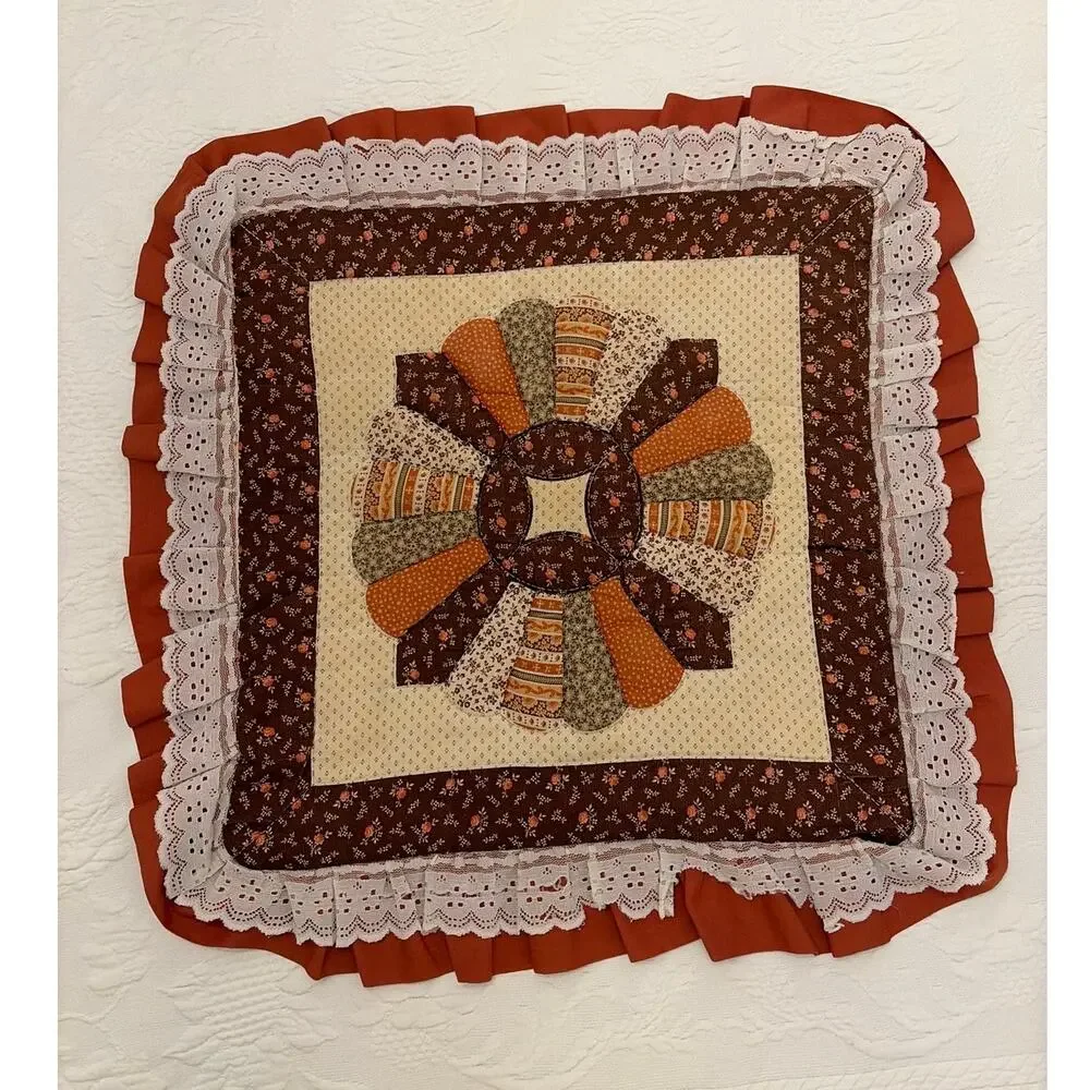 Vintage Handmade Dresden Plate Quilted Pillow Cover Sham 20 x 20 Ruffle READ